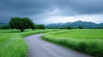 Naklejka premium Winding Road Through Lush Green Field Under Dramatic Gray Sky
