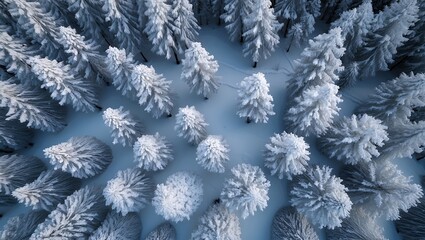 Aerial view of snowy winter forest landscape