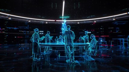 Future AI medical treatment, doctors discussing the condition, patient body model display, analyzing the condition, microscope observation of test results, holographic images, 3D animation. - Powered by Adobe