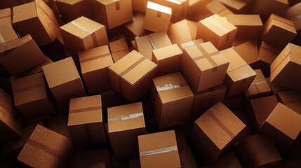 Large pile of sealed cardboard boxes stacked together under warm lighting creating a sense of storage and shipment