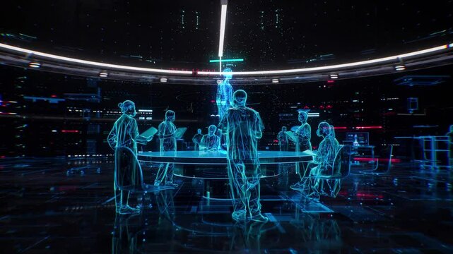 Future AI medical treatment, doctors discussing the condition, patient body model display, analyzing the condition, microscope observation of test results, holographic images, 3D animation. - Powered by Adobe