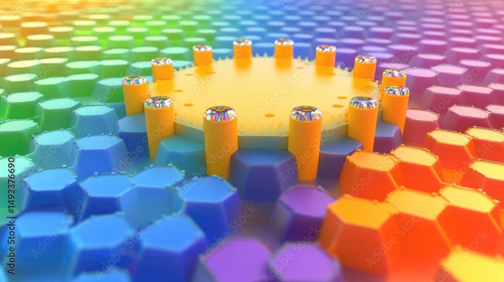 Poster vibrant hexagonal platform with a central, yellow, circular structure and iridescent accents