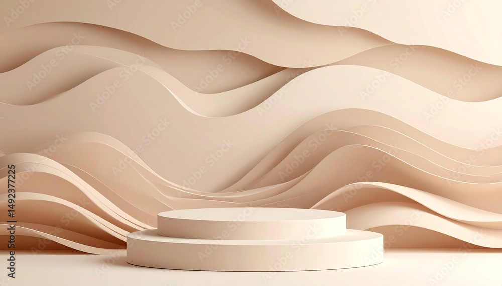 Poster a smooth, wavy backdrop in soft beige tones with a circular platform, creating a modern and minimali