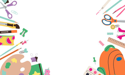 Back to School Social Media Template. School Time Announcement . school supplements on white background , hand drawn cute flat illustration .School time , back to school .