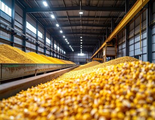 Vibrant yellow grain storage in industrial warehouse with overhead lighting