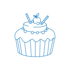 Hand drawn line art illustration of cake with candles. Coquette dessert for valentine day, birthday, wedding. Outline scribble pastry. Vector graphic