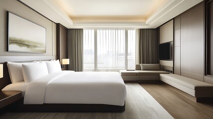 Fototapeta premium Minimalist hotel room with neutral tones and clean design