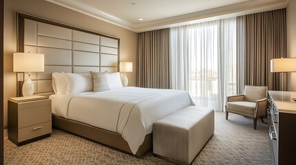 Fototapeta premium Minimalist hotel room with neutral tones and clean design