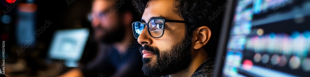 Poster focused software developer analyzing code on computer monitors late at night in the office