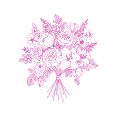 Whimsical Pink Line Art Flower Bouquet – Simple Hand-Drawn Doodle Style Floral Vector Illustration with Delicate Blooms, Minimalist Botanical Design, and Playful Feminine Charm

