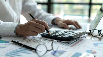 The hands with calculator and charts