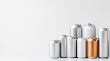 Variety of Aluminum Beverage Cans on White Background variety white beverage cans aluminum cans grey