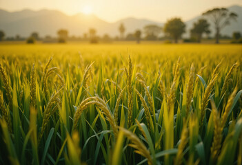 Golden Rice Field at Sunrise: A Bountiful Harvest Under a Warm Sky