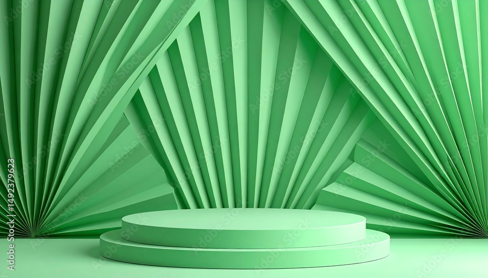 Poster a minimalistic green backdrop with layered paper folds and a circular platform, ideal for presentati