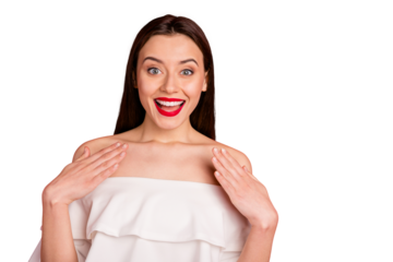 Portrait of pretty lady looking screaming shouting wearing of-shoulders isolated over red background