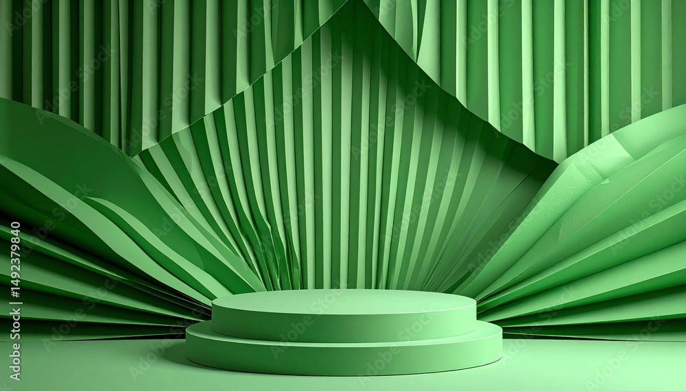 Poster vibrant green backdrop with layered paper folds and circular platform, creating a dynamic and modern