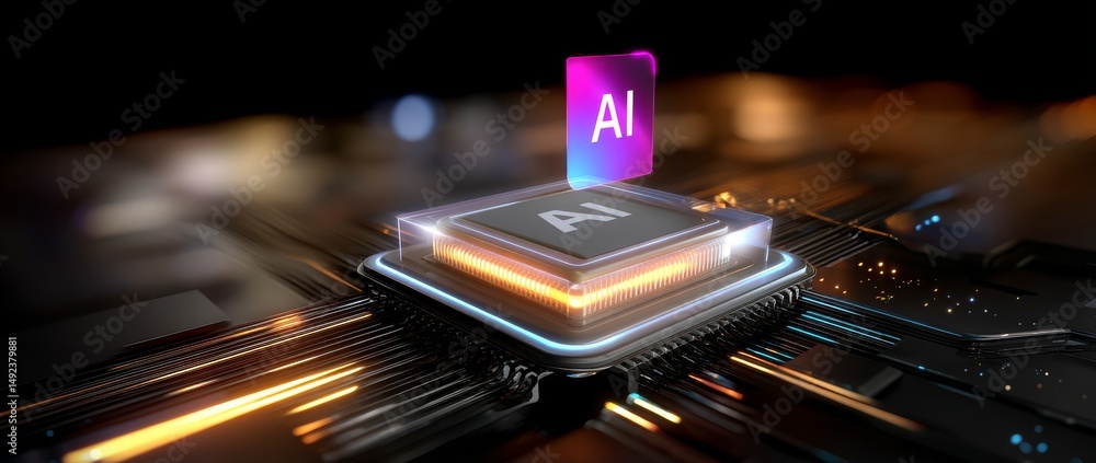 Poster futuristic ai chip glowing with circuit lines and data flow