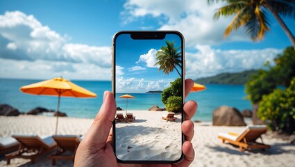 Blank screen smartphone on summer beach getaway