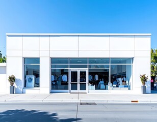 Modern retail storefront with large glass windows and clear blue sky