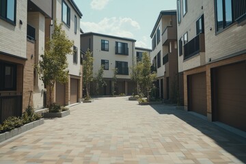 Modern residential courtyard with garages and greenery