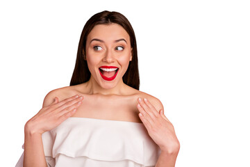 Close up photo of lovely girl looking yelling dressed white top isolated over red background