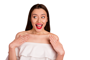 Close up photo of lovely girl looking yelling dressed white top isolated over red background