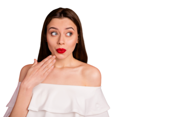 Portrait of impressed person place hand near chin face look wear off-shoulders isolated over red background