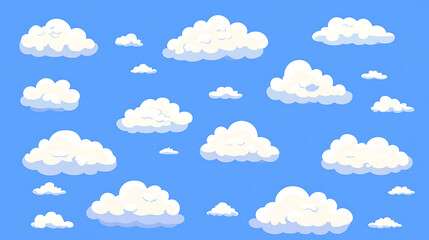 Cartoon white clouds of varying sizes float across a bright blue sky, creating a whimsical and airy atmosphere for weather illustrations or design elements
