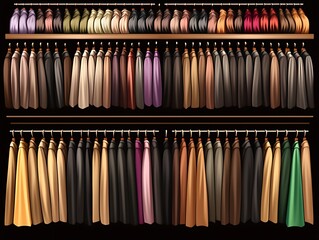 Colorful coats and jackets on shelves.