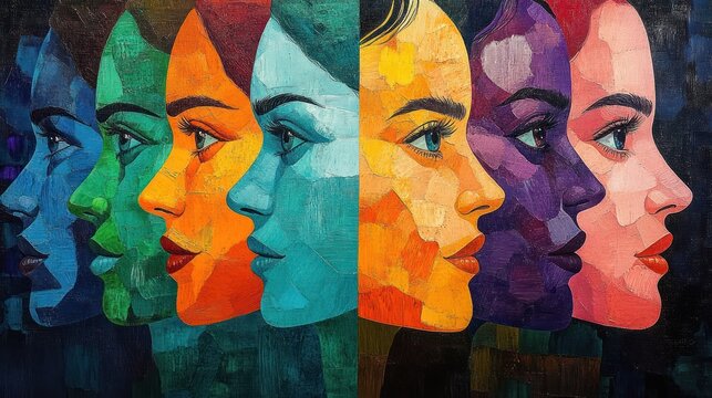 Side profile view of six female faces in different vibrant colors arranged consecutively showing diversity and unity in an artistic style