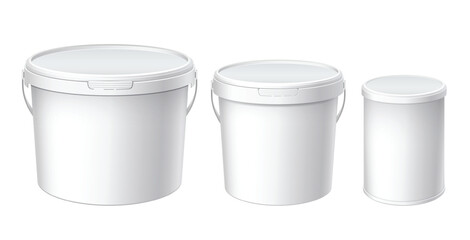 White plastic set bucket with White lid. Product Packaging For food, foodstuff or paints, adhesives, sealants, primers, putty. MockUp Template For Your Design. Vector illustration.