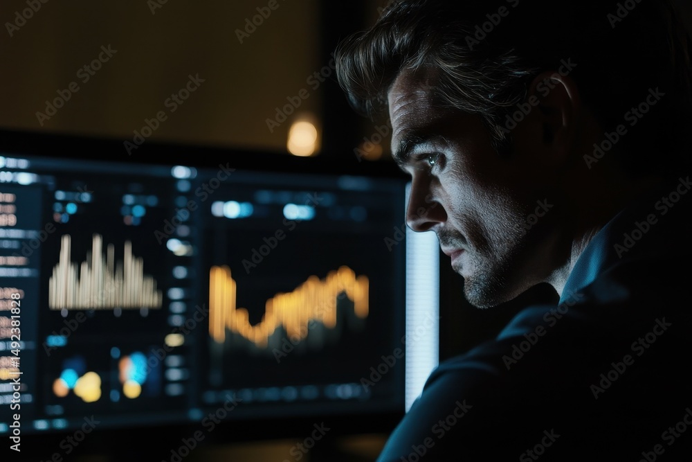 Poster a man is looking at a computer monitor with graphs on it -