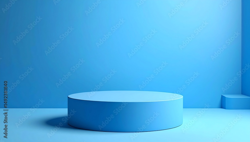 Poster a minimalistic blue room featuring a circular platform and smooth walls, creating a serene and moder