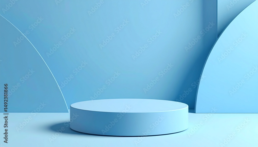 Poster a minimalistic blue studio space featuring a circular platform and geometric shapes, creating a sere