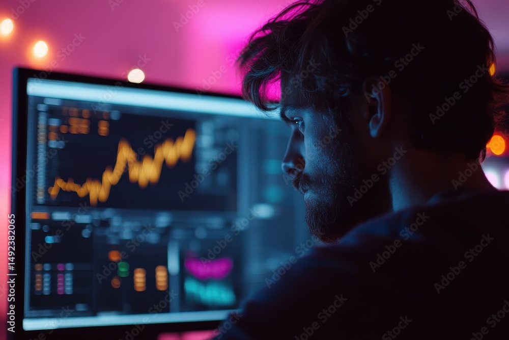 Poster a man is looking at a computer monitor with graphs on it -