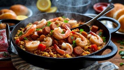 Cajun chicken shrimp and sausage jambalaya in cast iron pot