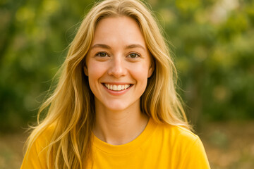 Cheerful young woman with long blonde hair wearing a bright yellow shirt, smiling confidently while looking at the camera in a natural outdoor setting. Portrait taken in soft natural light 