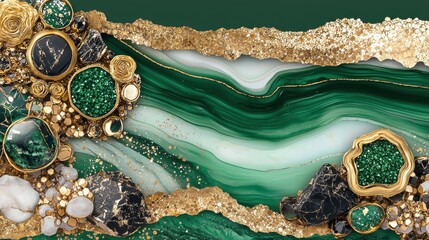 A digital illustration of a green and gold marble-like surface with a textured appearance.