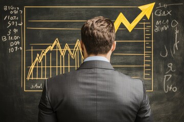 Businessperson gazing at upward trending graph on chalkboard