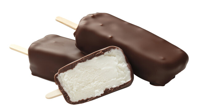 Chocolate Covered Ice Cream Bars on a Stick with One Bar Cut in Half


