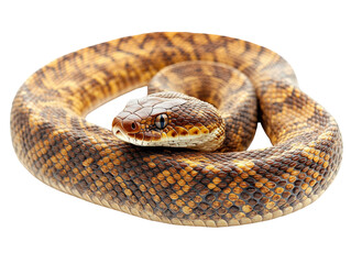 Coiled brown snake with detailed scales and alert eyes on transparency background
