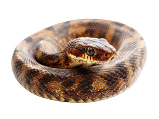 Coiled brown snake with detailed scales and sharp eyes resting calmly