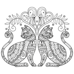 Cat with a flower heart hand drawn for adult coloring book