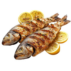 Grilled fish with lemon slices, seasoned and cooked with herbs, ready to serve delicious meal