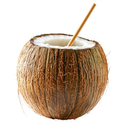Fresh coconut with straw for drinking refreshing water inside tropical fruit
