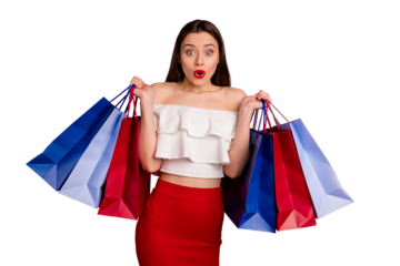 Portrait of impressed millennial stare with bright bags cant believe wearing blouse isolated over red background