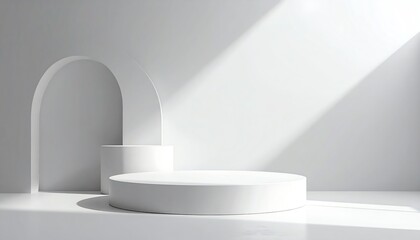 Minimalist interior space with geometric shapes, featuring a circular platform and arch against a bright, white backdrop