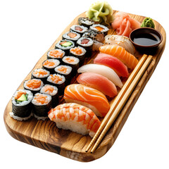 Fresh sushi platter with nigiri and rolls served with chopsticks and soy sauce
