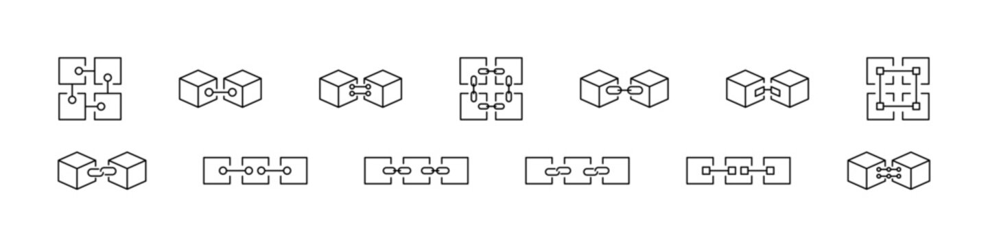 Blockchain icon. Block chain vector set. Crypto currency sign. Blockcain code cryptocurrency symbol. Block chain line set.