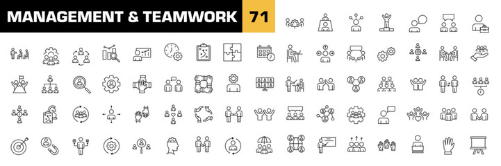 Management icons. Teamwork vector set. Leadership icon set. Team building signs. Brainstorming meeting sign. Cooperation efficiency achievement people icon set. Team work management isolated set.